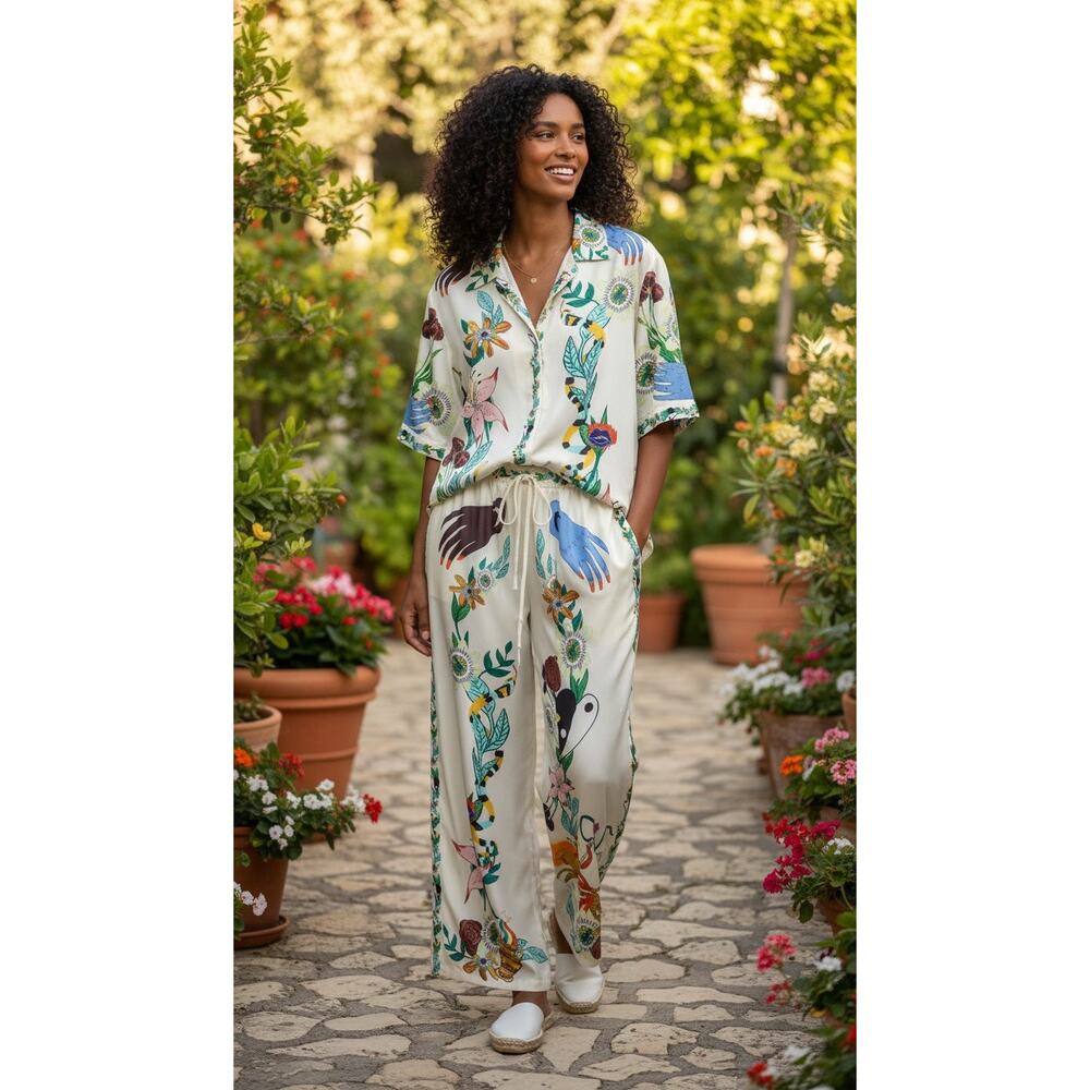 Commense Cream Satin Floral Print Pants Set L NWT Lounge Two Piece - Euro Resort - Picture 2 of 9